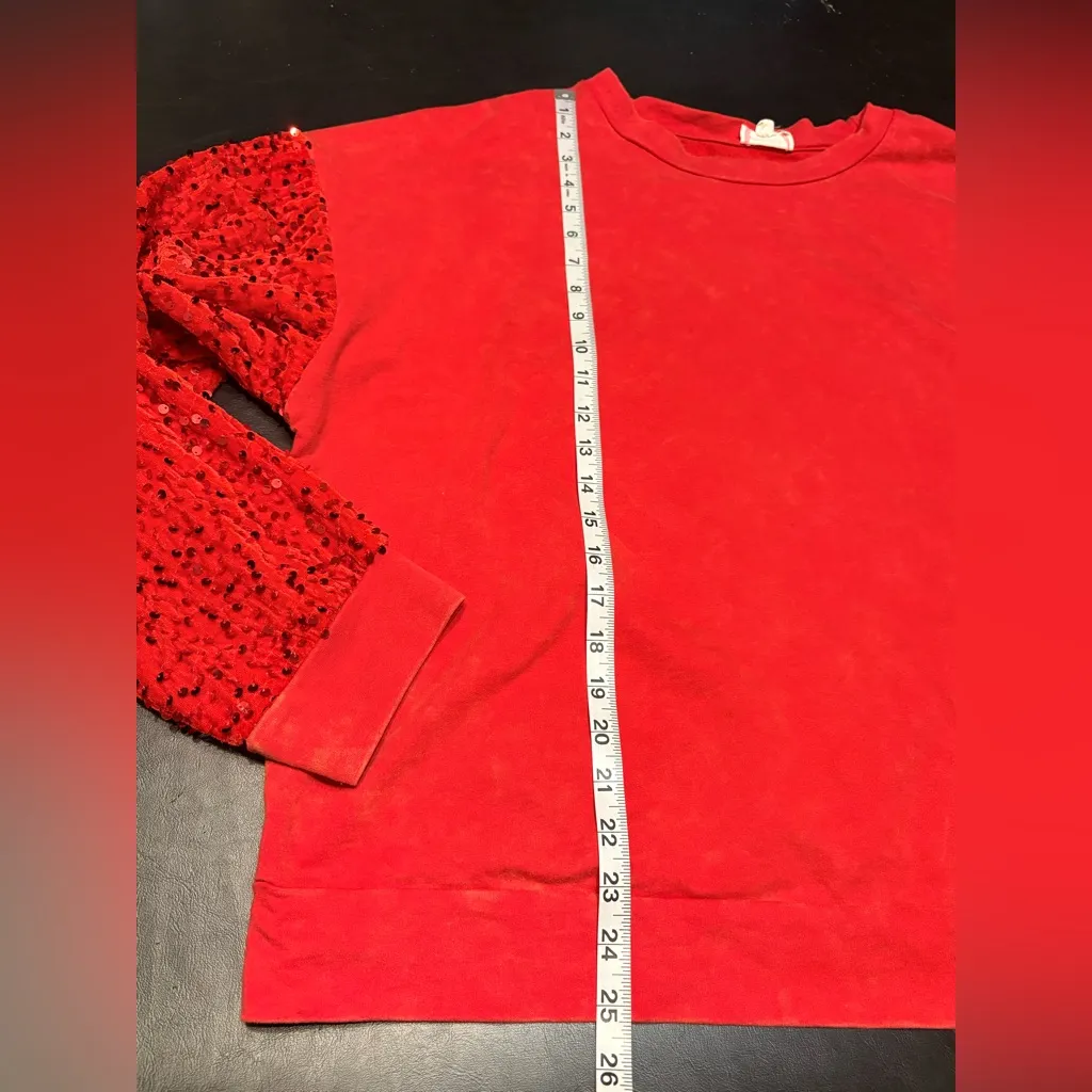 Bibi Crew Sweatshirt L Red Acid Wash With Sequins Sleeves Size L - Image 10