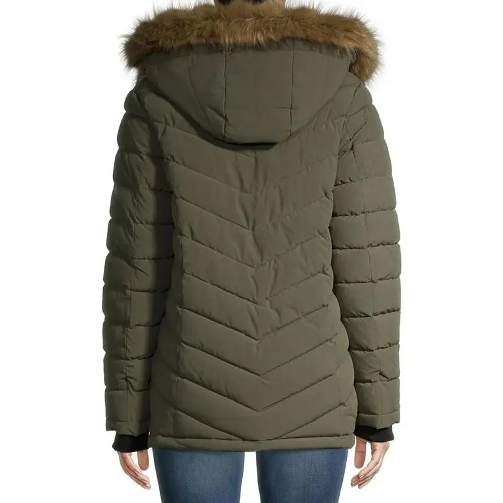 Swiss Tech Women's Small Green Puffer Coat Faux Fur Hood Winter‎ Jacket - Image 3