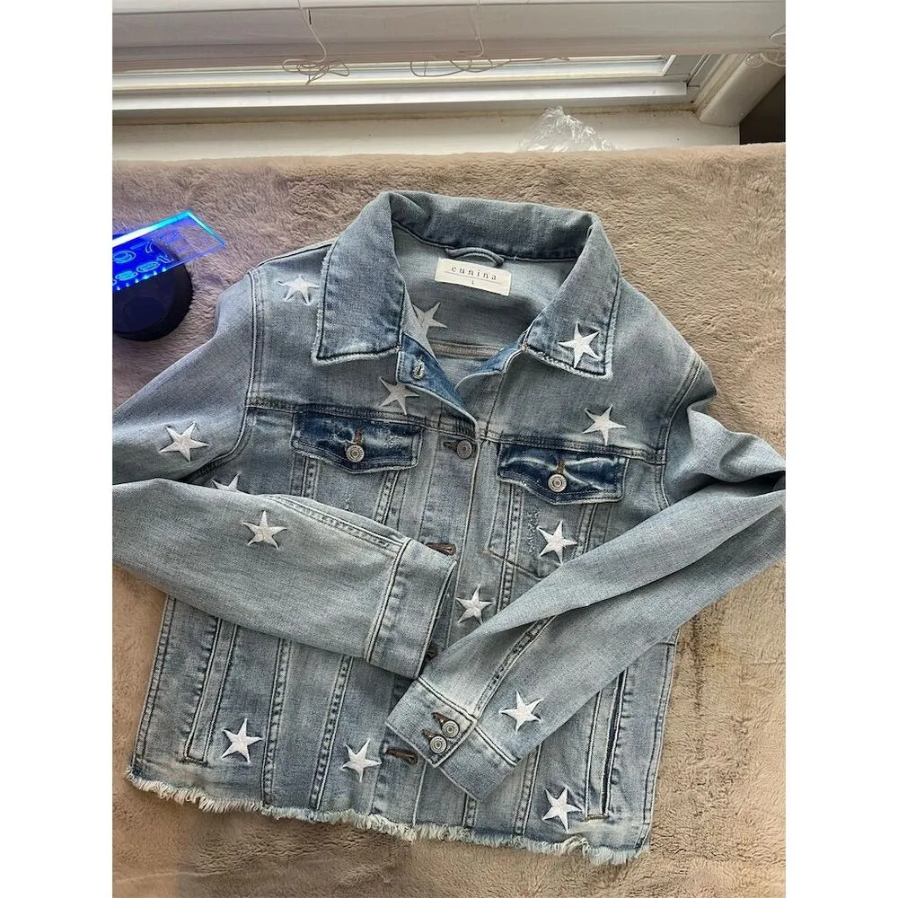 Eunina Women's Blue Denim Jacket L Star Embroidered Long Sleeve - Image 9