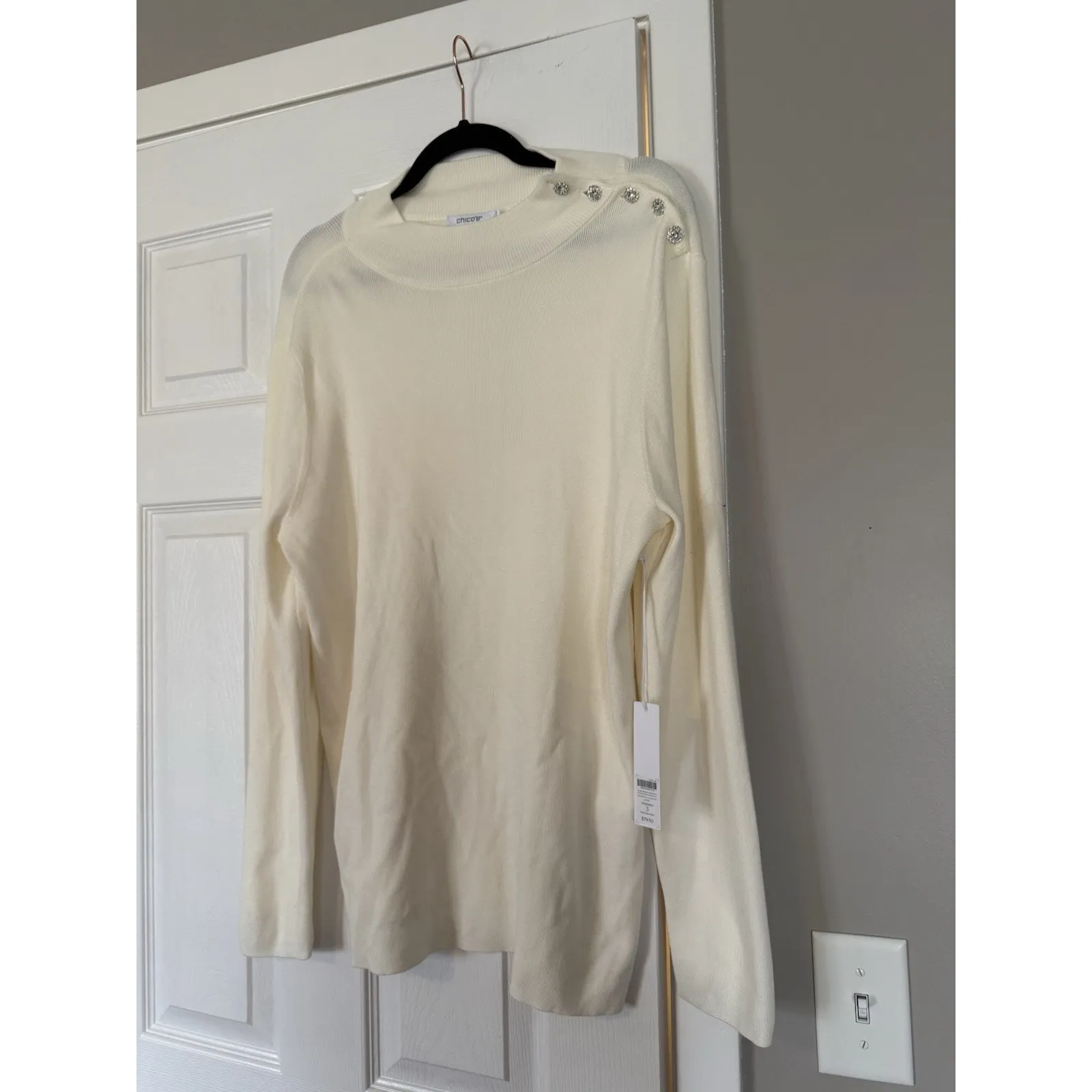 Chicos Rhinestone Bling Shoulder Detail Cream White Sweater Cozy Holidays NWT - Image 2