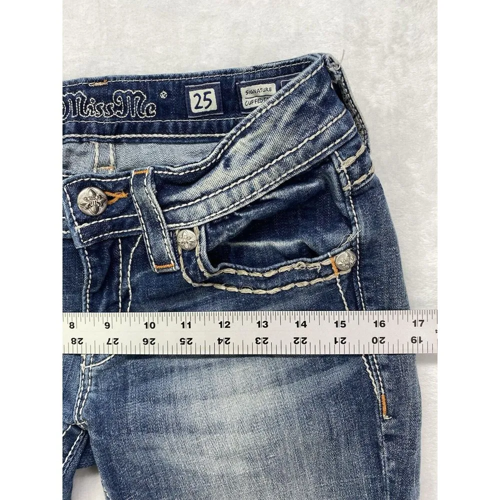 Miss Me Jeans Womens Sz 25 cuffed capri Denim Embellished Fleur de lis Pockets‎ - Image 4