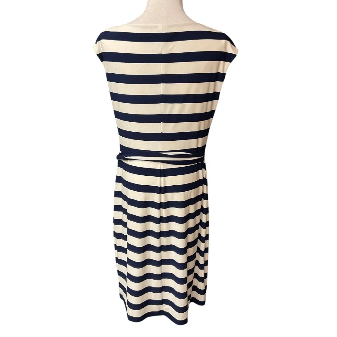 Lauren Ralph Lauren Lined Tie Waist Navy White Striped Chic Midi Dress Size 12 Blue - Image 5