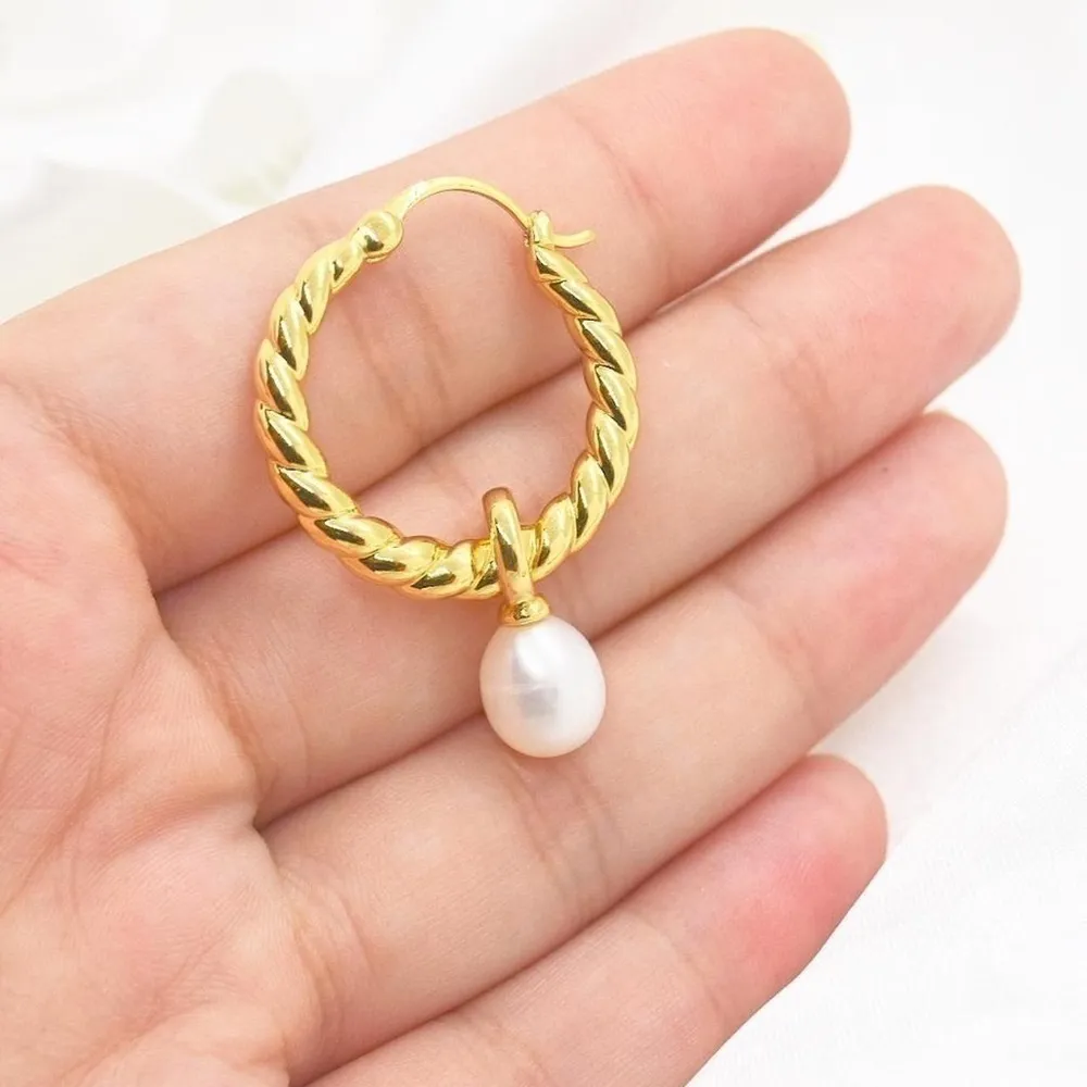 Gold Pearl Hoop Earrings - Image 3