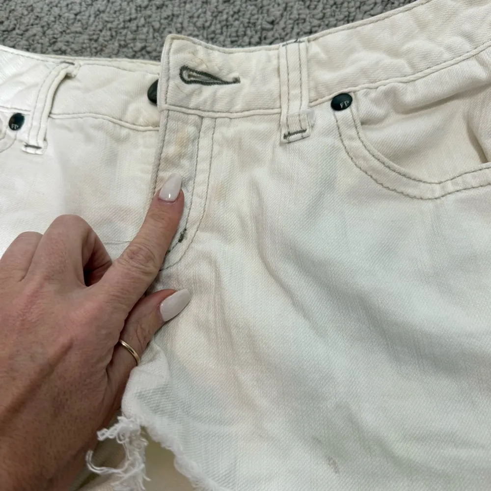 Free People Cream Distressed Jean Shorts - Image 2