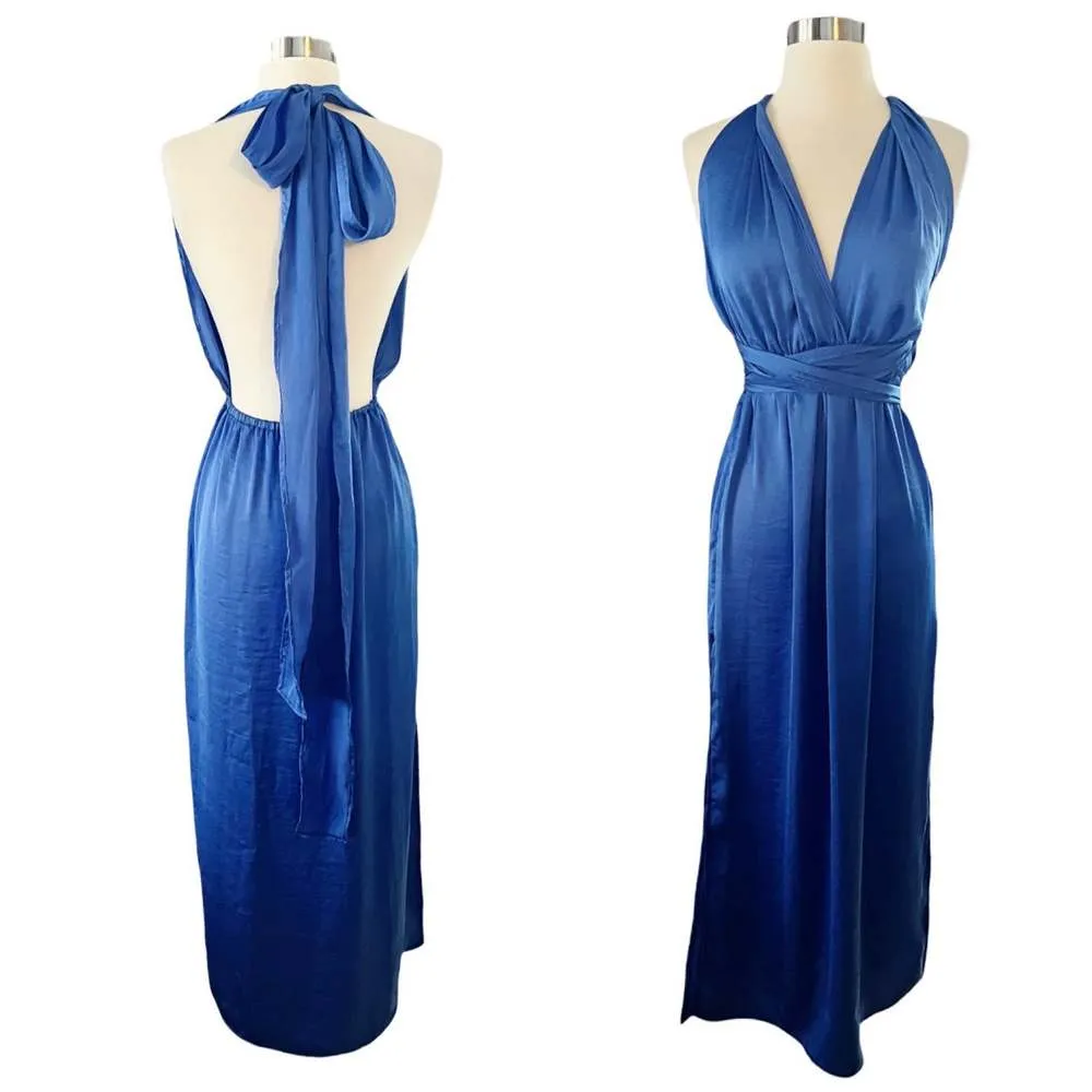 T. ZOVICH Blue Maxi Dress Satin Halter Ties Multiway Lightweight Ties Small NWT - Image 4
