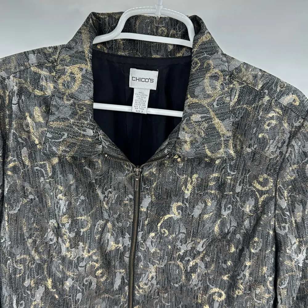 Chico's Gold Black silver Casual zip front lined jacket blazer metallic XL 3 - Image 8