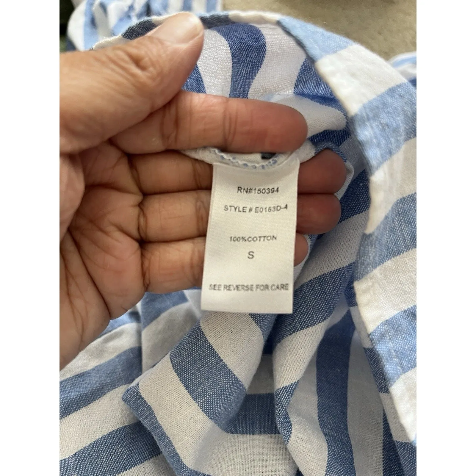 Ecru Lab Cotton Small Blue White Stripe Off The Shoulder Mini Dress Bell Sleeve - Image 3