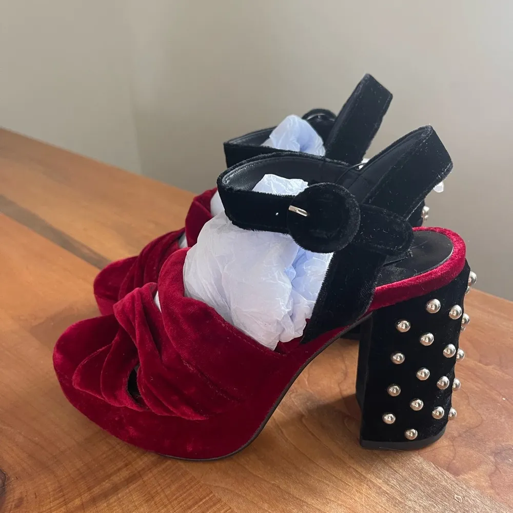ZARA COPY - NWT  Red Black Velvet Platform Strappy Heels w Silver Studs Size 6 - Image 8