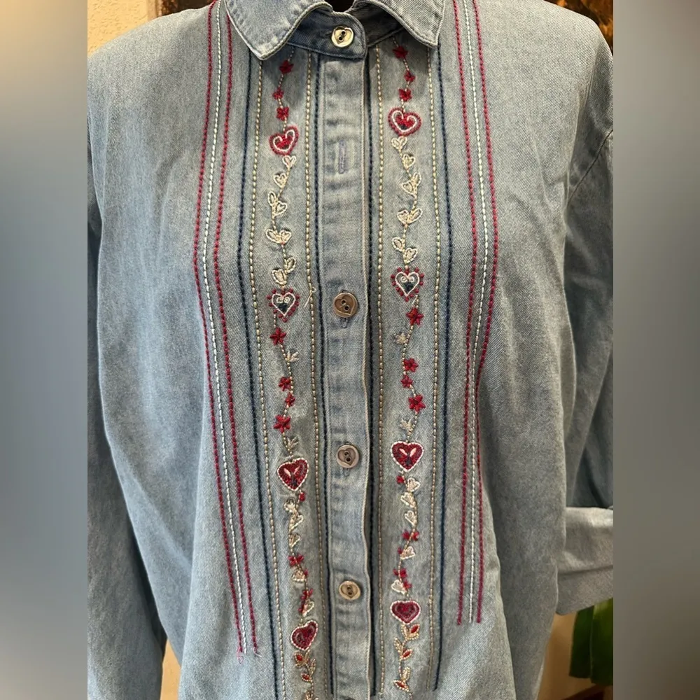 TEDDI Vintage 90s Light Blue Denim Embroidered Button Down Large - Image 5