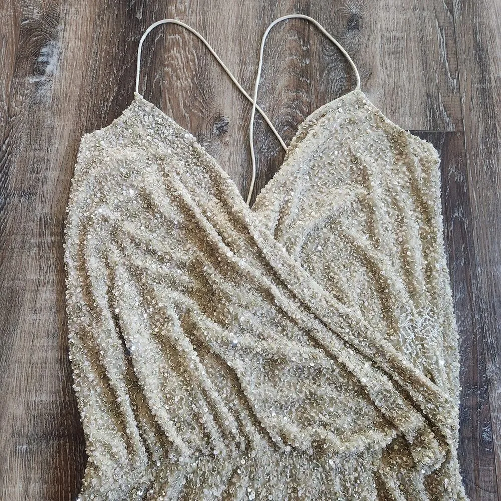 Retrofete Mini Sequin Dress Faux Wrap Sleeveless Tan/Brown Size Medium - Image 3