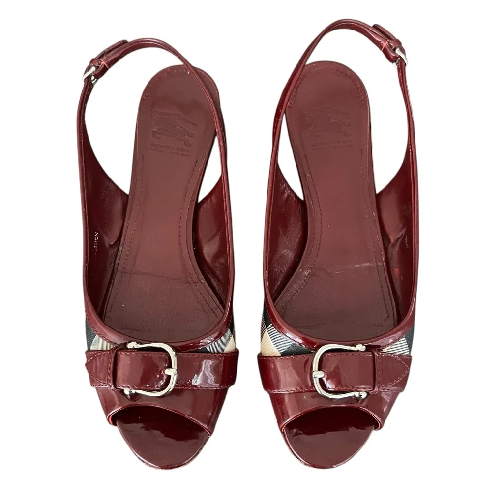 Burberry Women’s Vintage Butgundy Patent Leather Nova Check Peep Toe Flats 41 - Image 2