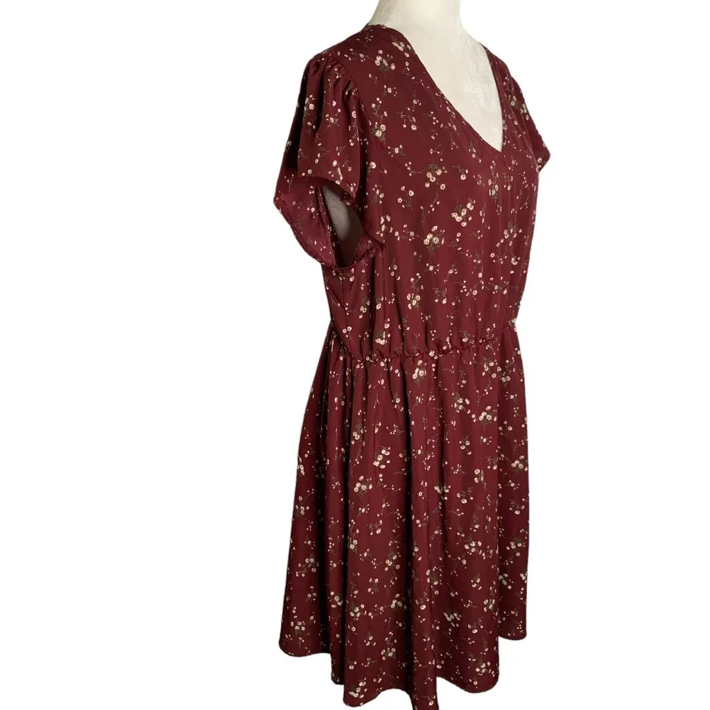 Flutter Sleeve V Neck Swing Dress 1XL Maroon Floral Elastic Waist Knee Length Red Size undefined - Image 5