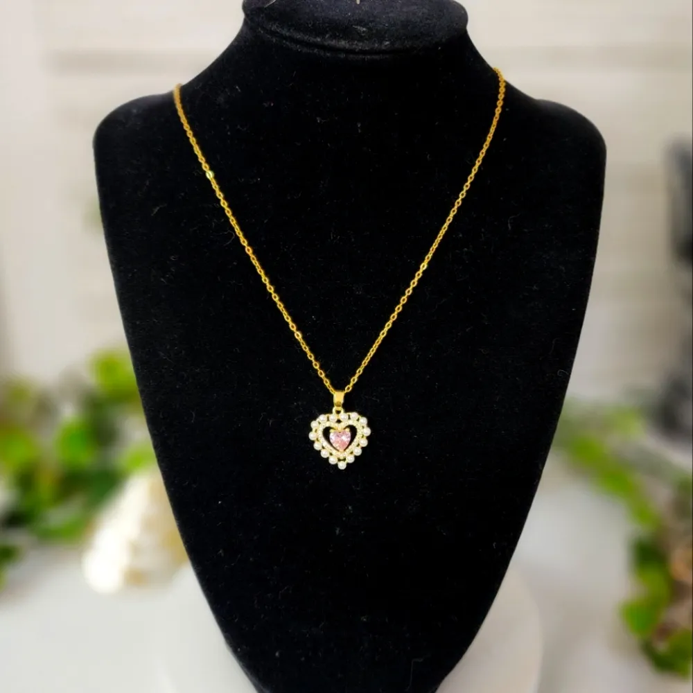 Gold Chain Necklace with Heart Pendant Pink CZ - Image 2