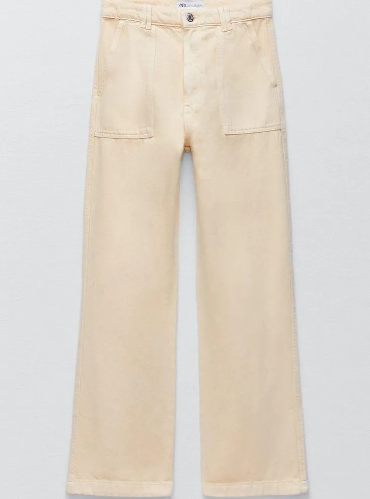 Zara WIDE LEG JEAN PANTS Beige/Light Yellow Color Size L NEW - Image 6