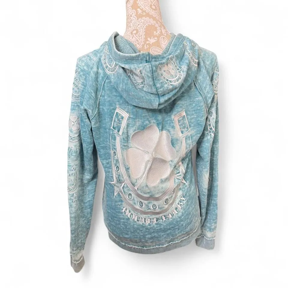 Cowgirl Tuff Acid Washed Bedazzled Zip Up Teal Sleeve Hit Back Hit Hood Hit Size M - Image 6