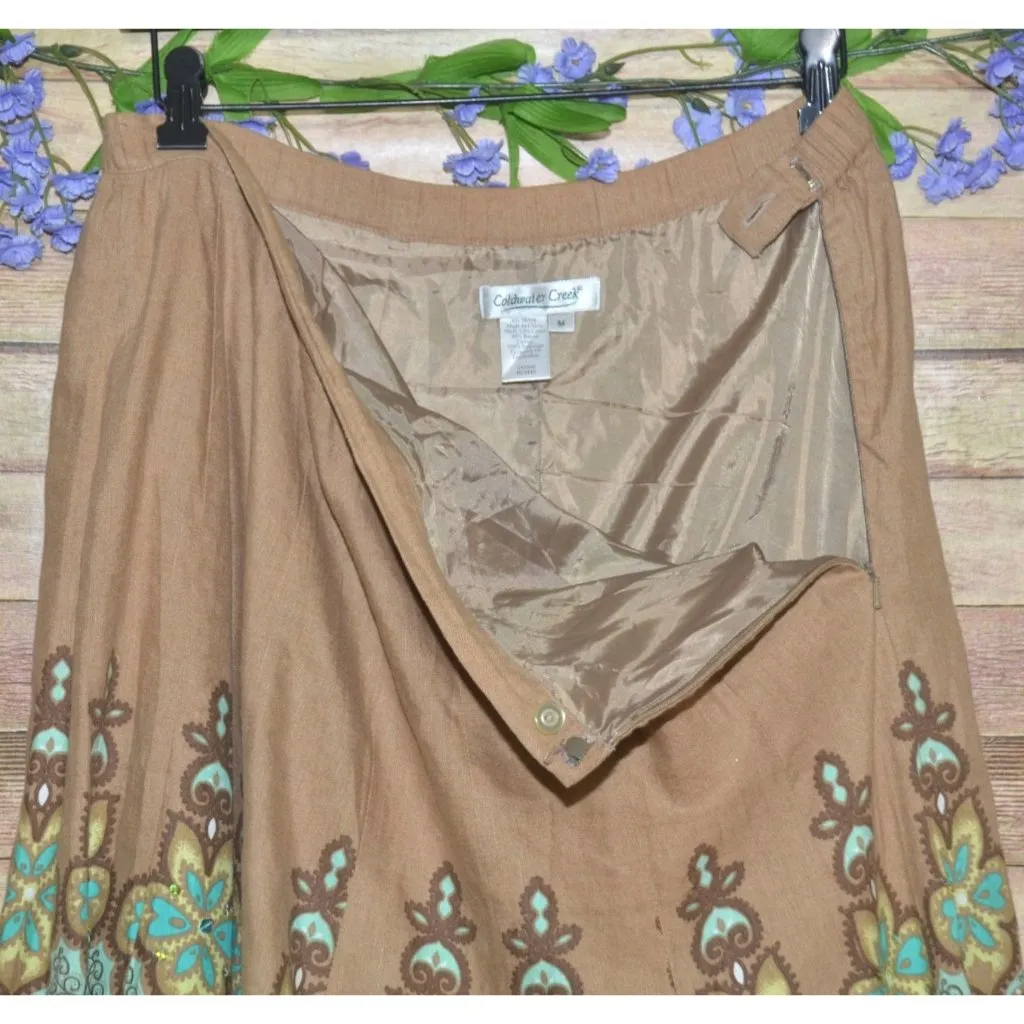 Coldwater Creek Boho Linen Blend Midi Skirt Size M Floral Sequin Art to Wear - Image 6