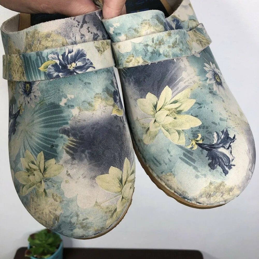 Swedish Clogs Leather Wooden Floral Print Made In Sweden Women's Size 40 US 9 Blue - Image 8