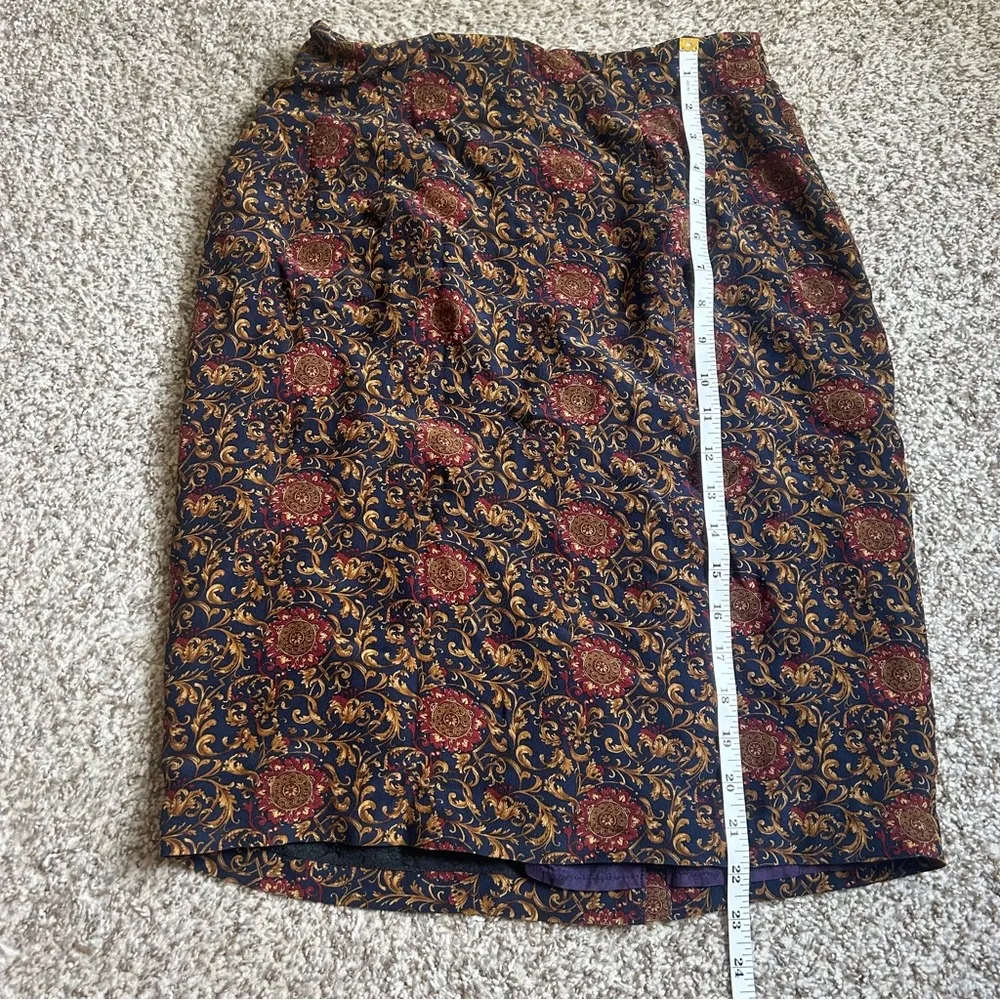 Vintage Silk Patterned Skirt Formal Casual Pencil Orange Size 4 - Image 5