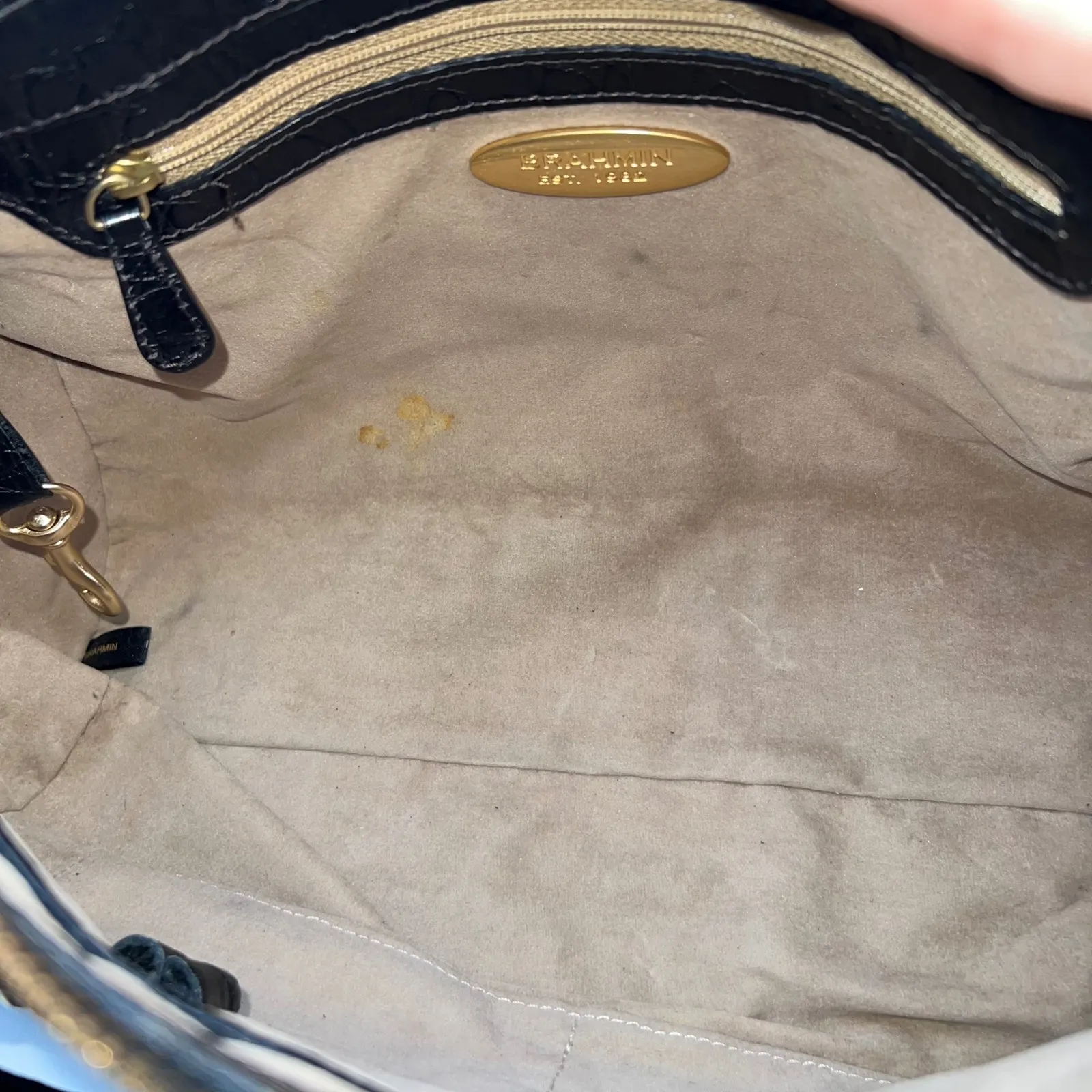 Brahmin Croc Embossed Satchel Handbag Brown Black Gold Accents - Image 13