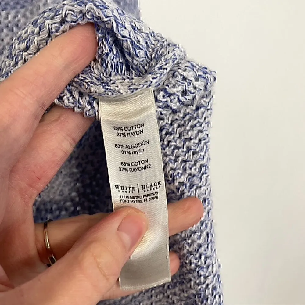 WHITE HOUSE BLACK MARKET WHBM Blue White Open Knit 3/4 Sleeve Cotton Sweater L - Image 7