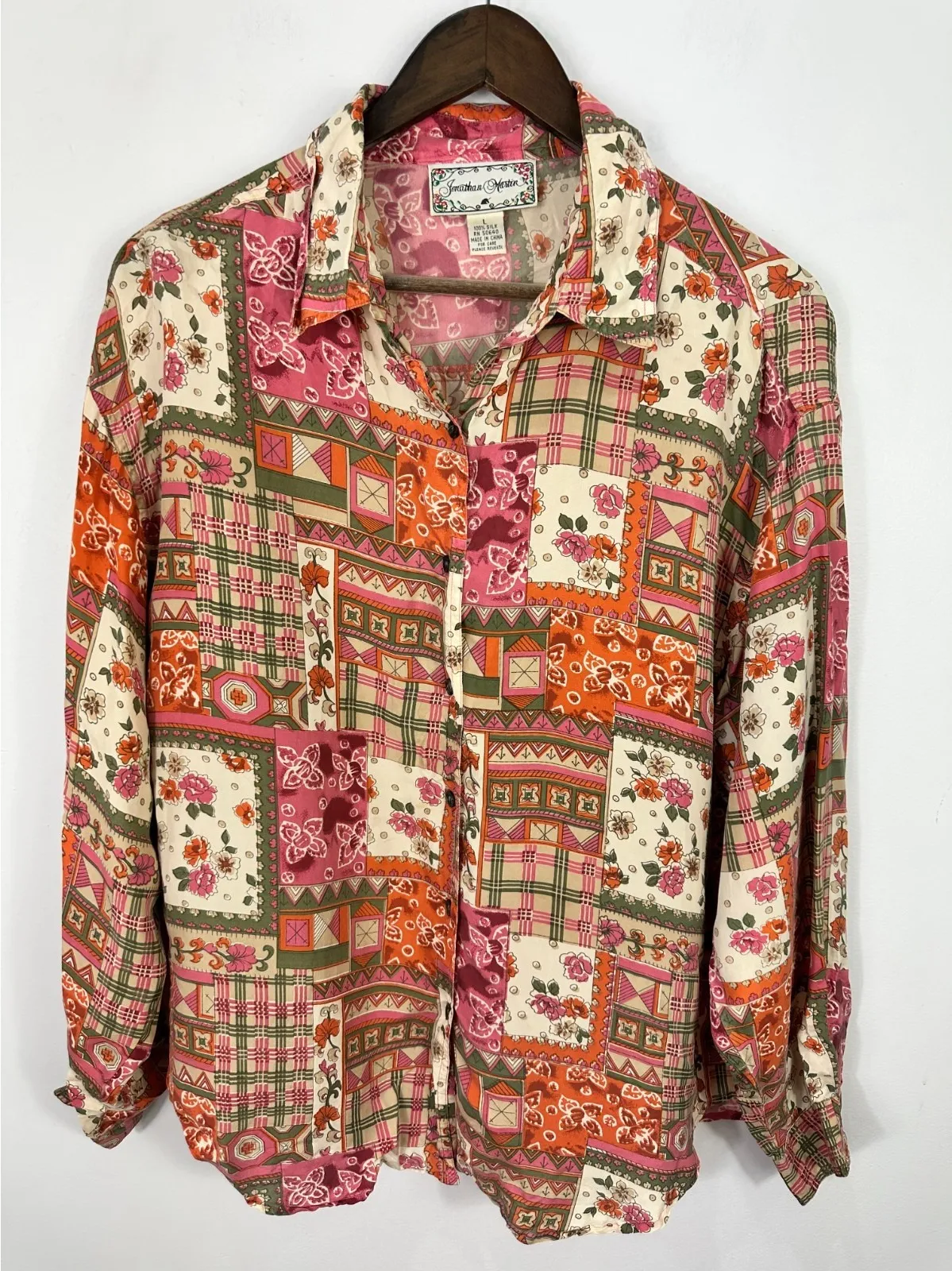 Vintage Silk Button Up Top Womens Large Pink Patchwork Boho Cottage Indie Hippie - Image 1