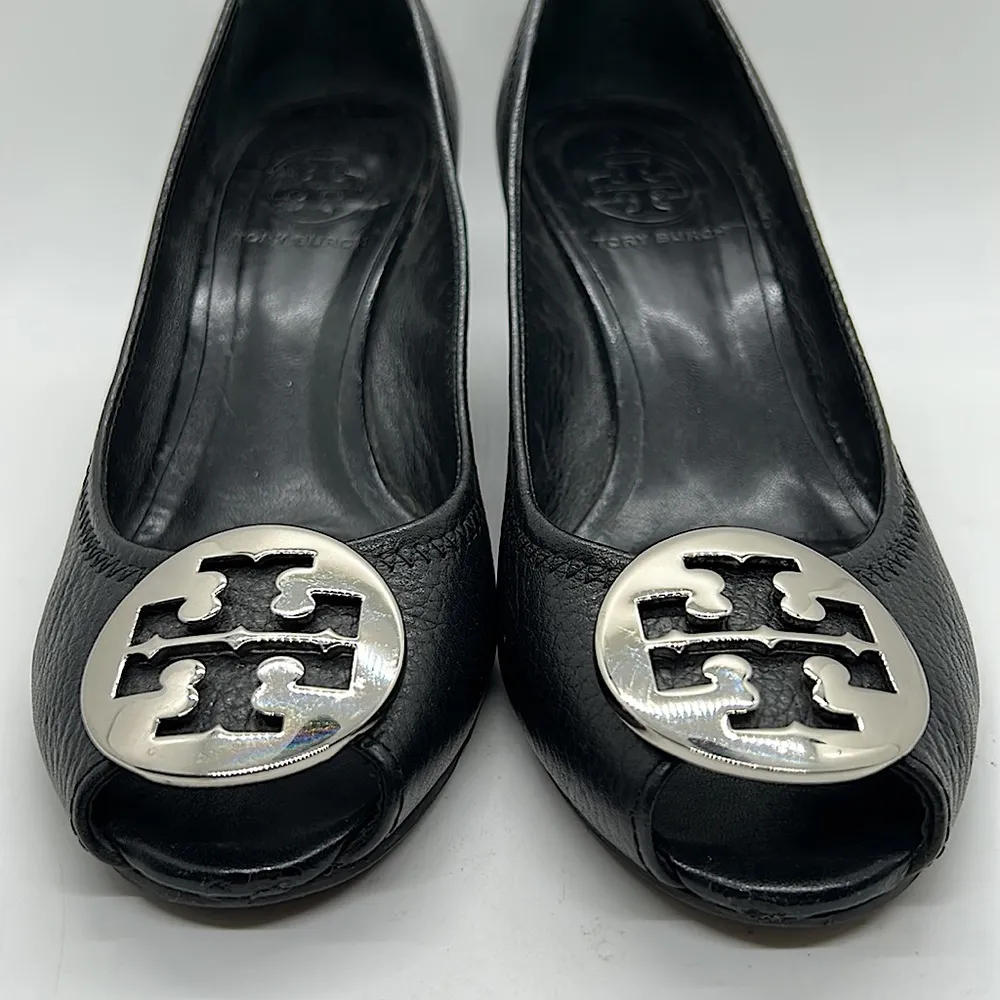 Tory Burch Sexy Black Leather Peep Toe Wedge Heels Shoes **Size 6.5** 🔥🔥 - Image 3