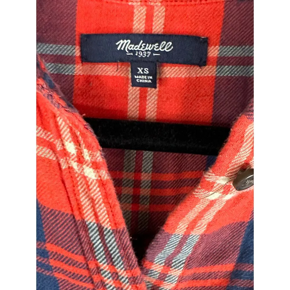 Madewell Orange Red Blue Long Sleeve Button Down Plaid Pattern Flannel Size XS - Image 5