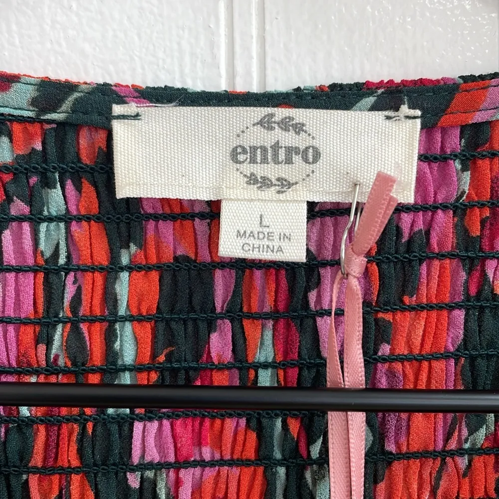 ENTRO On Repeat Red Dahlia Abstract Floral Shirred Puff Sleeve Blouse Size L NWT - Image 9