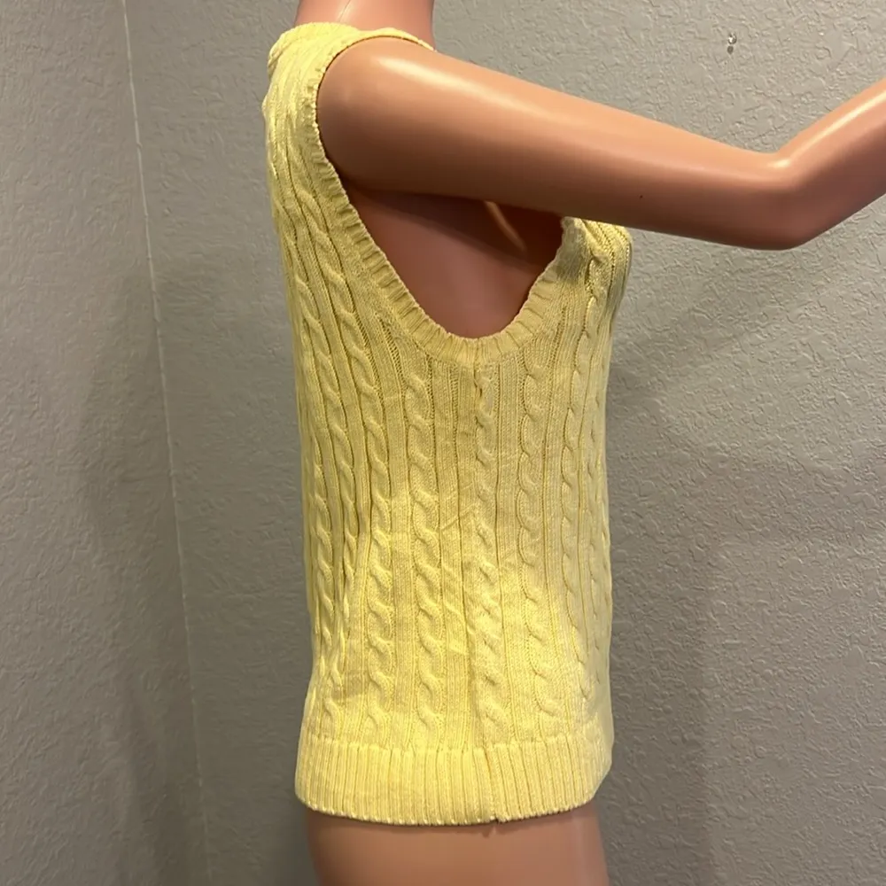 L.L.BEAN SWEATER VEST Sz S-REG YELLOW CABLE KNIT SLEEVELESS PULLOVER 100% COT#99 - Image 8