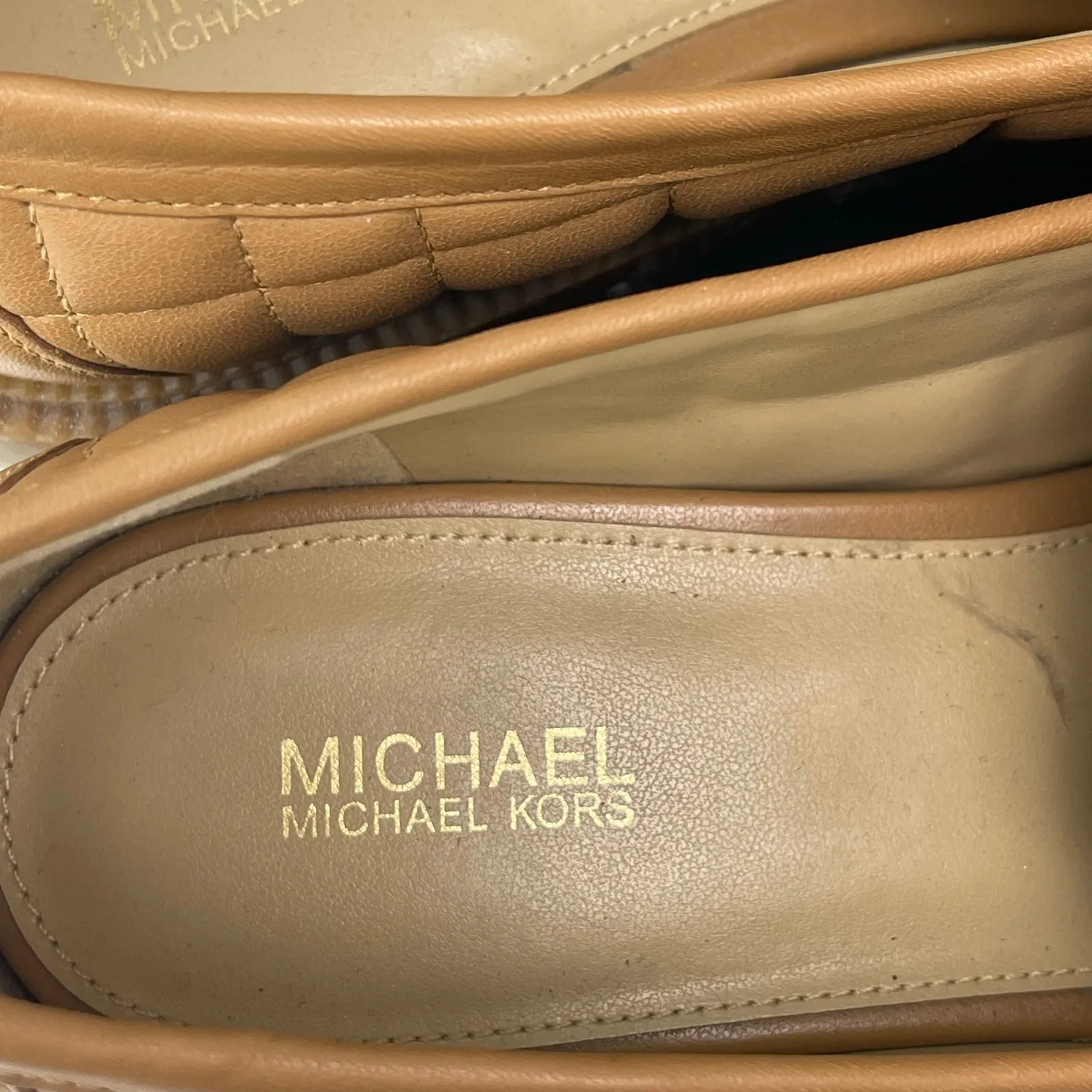 Michael Kors Eden Womens Tan Brown Quilted Leather Slip-On Penny Loafer Shoes 9M - Image 5