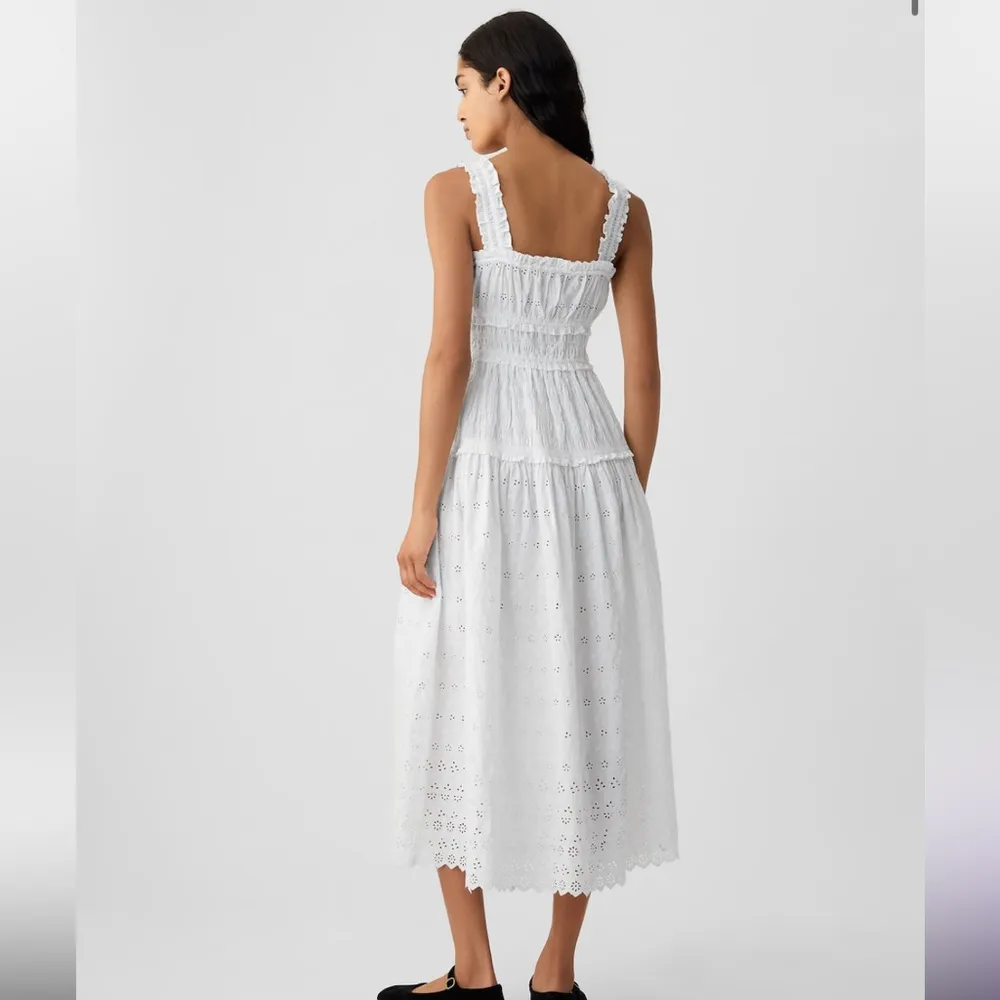 × DÔEN White Eyelet Smocked Waist Tiered Scalloped Hem Cotton Dress Small - Image 3