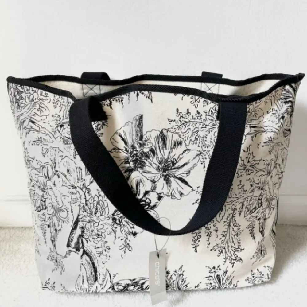 CHICO'S Black & White Floral Canvas Tote Bag NWT - Image 3