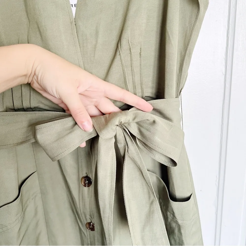 REISS • Emma Plunge Frill Shoulder Dress green midi button front tie waist belt - Image 7