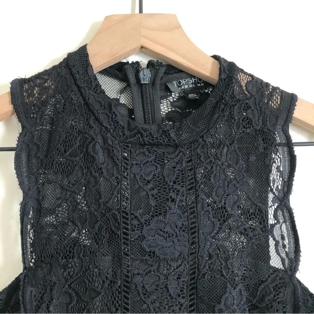 Topshop Black Lace Fitted Sleeveless Tank Racerback High Neck Mini Dress - Image 2