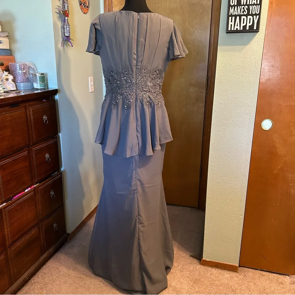 Gray chiffon formal long dress sequins appliqué flowy mother of the bride prom M Size M - Image 3