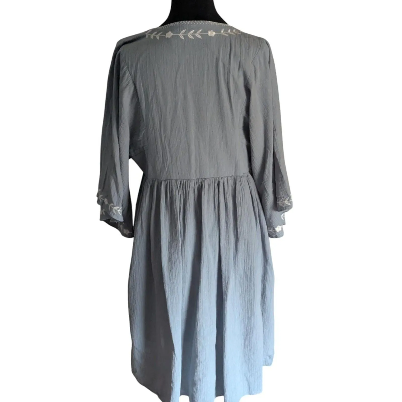 Flamingo Blue Cotton Embroidered Boho Fairycore Babydoll Mini Dress Medium - Image 4