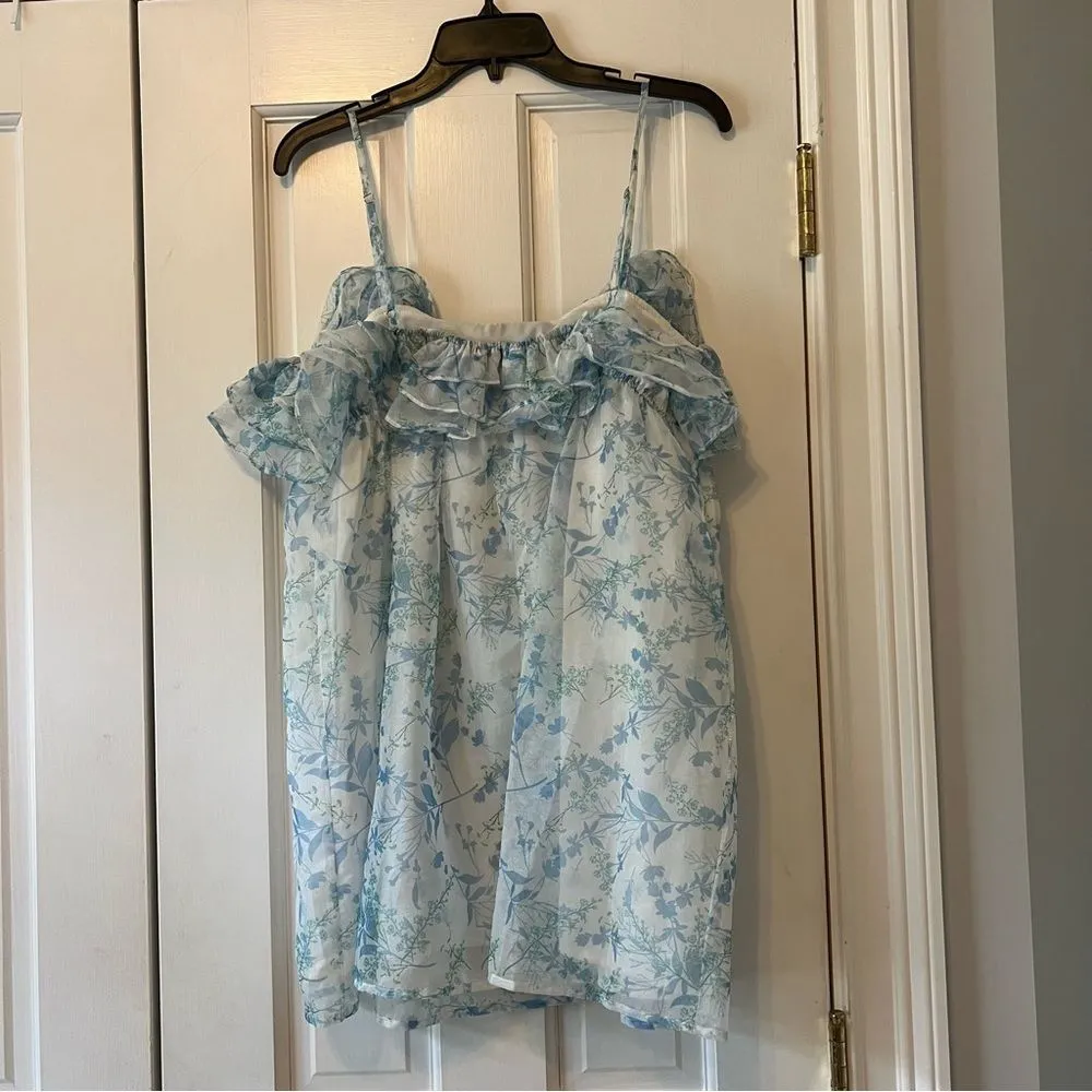Blue & White Toile Floral Sheer Babydoll Ruffle Sleeveless Mini Dress Med - Image 2