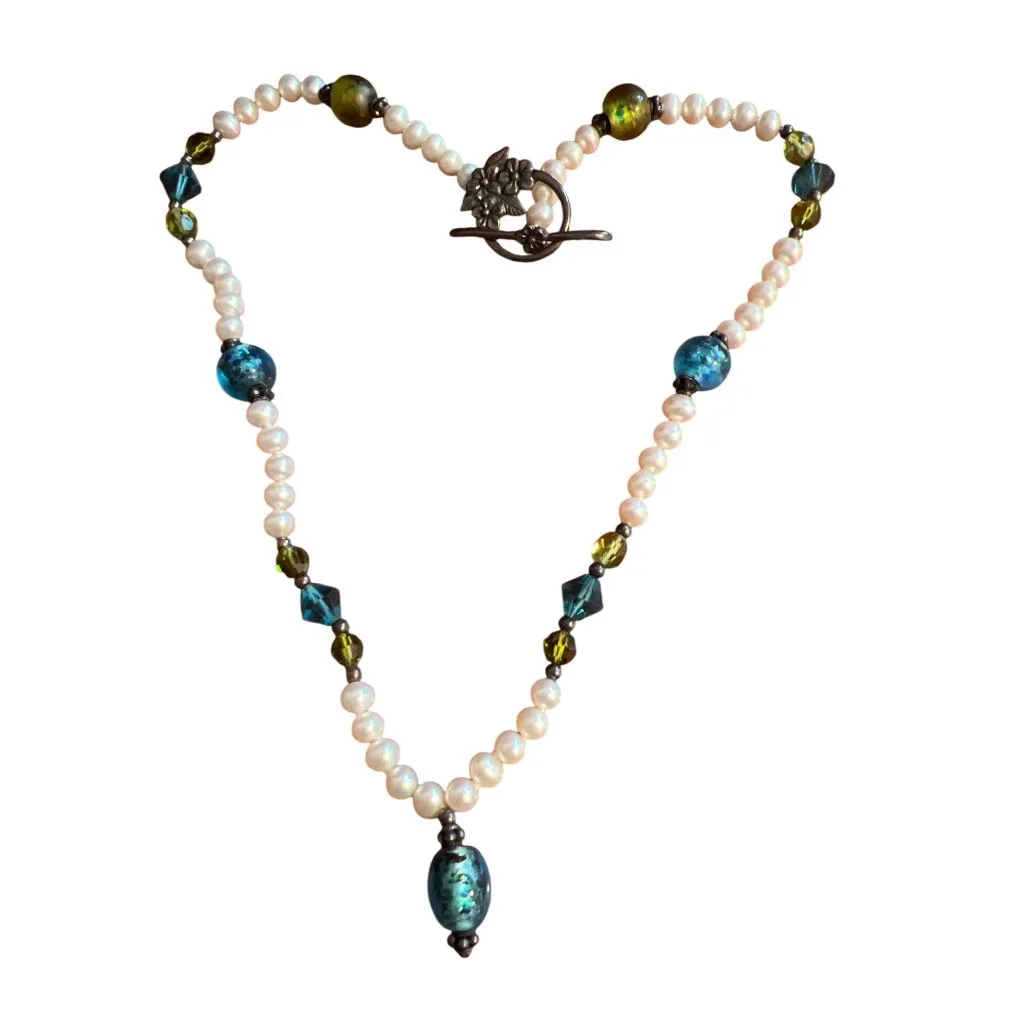 Vtg Sterling Silver Pearl Glass Crystal Necklace Toggle Clasp Lampwork Estate 17 White - Image 6