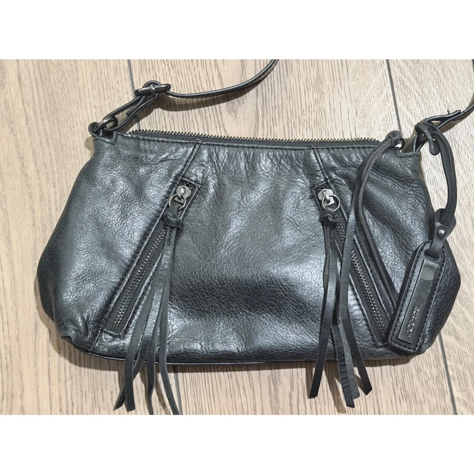 JOES JEANS Black Leather Crossbody Bag Tassel Zip Fringe Flap Shoulder Purse - Image 3