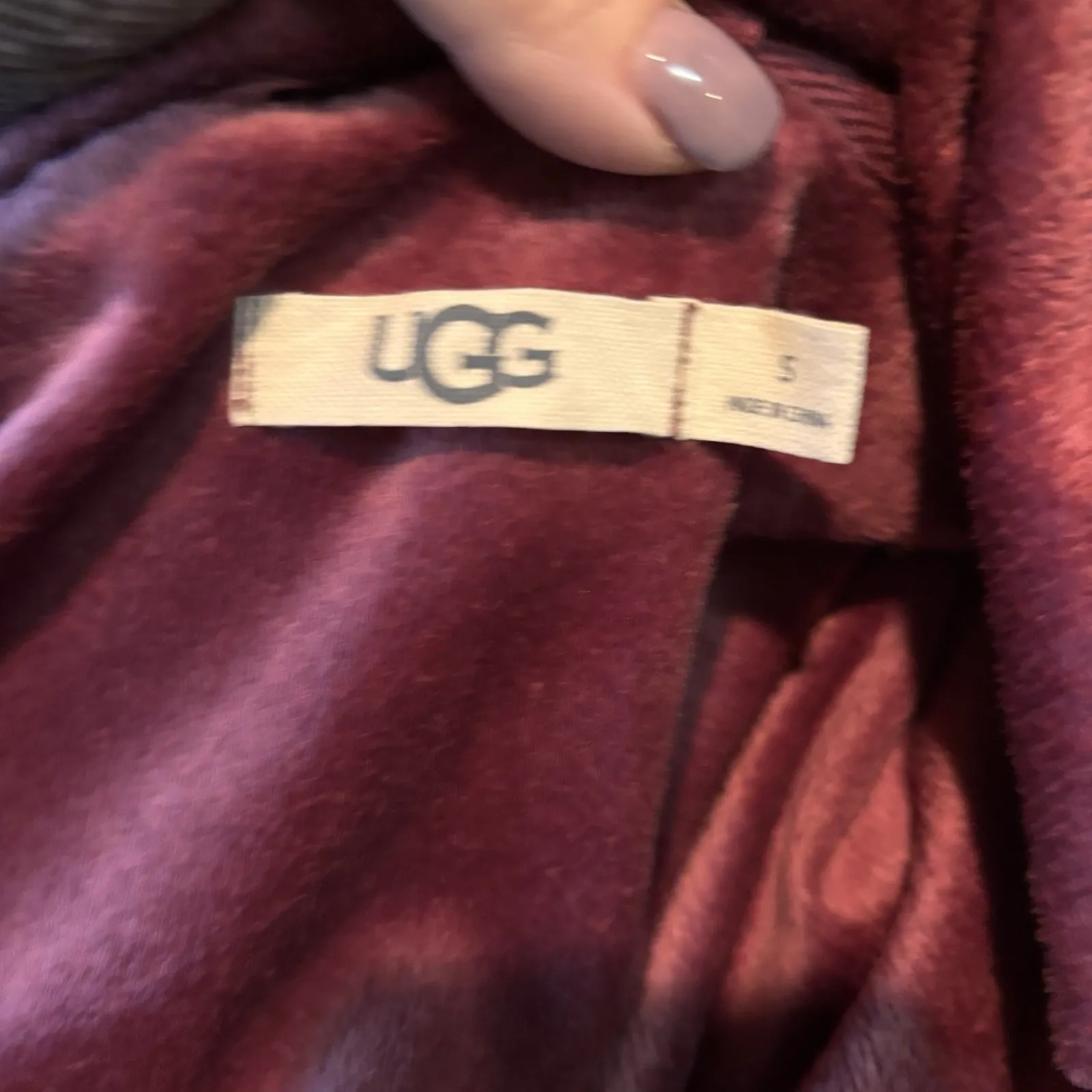 UGG Plush Velour Waterfall Cardigan Burgundy Open Front Cozy Lounge Jacket Small Red - Image 4