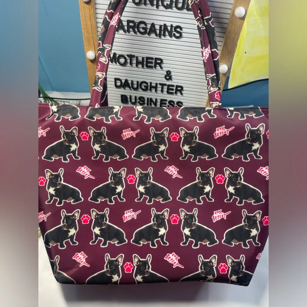 Betsey Johnson French Bulldog Print Tote Bag Burgundy Zip Top - Image 3