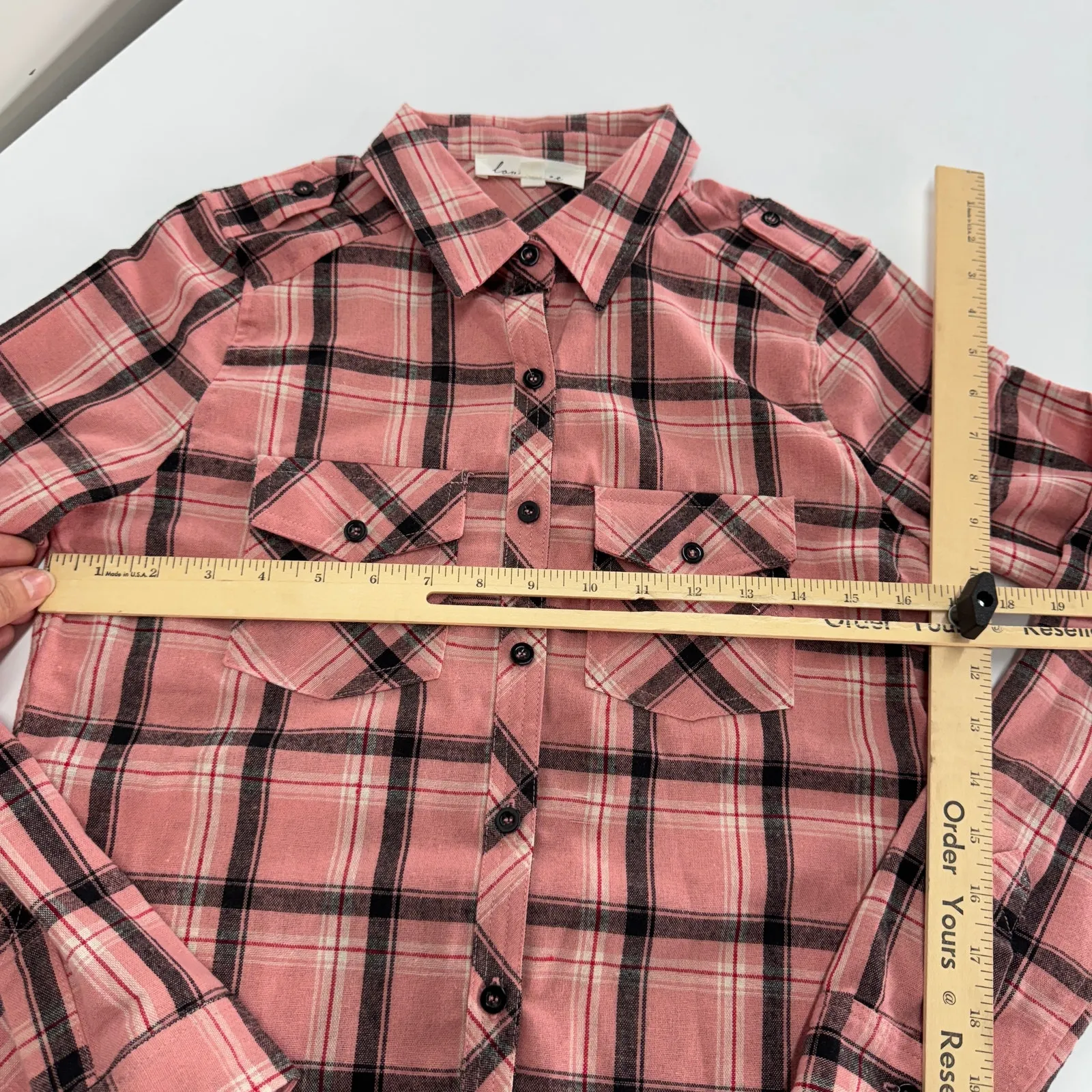 Love Tree‎ Top Womens Small Pink Plaid Flannel Button Down Western - Image 5