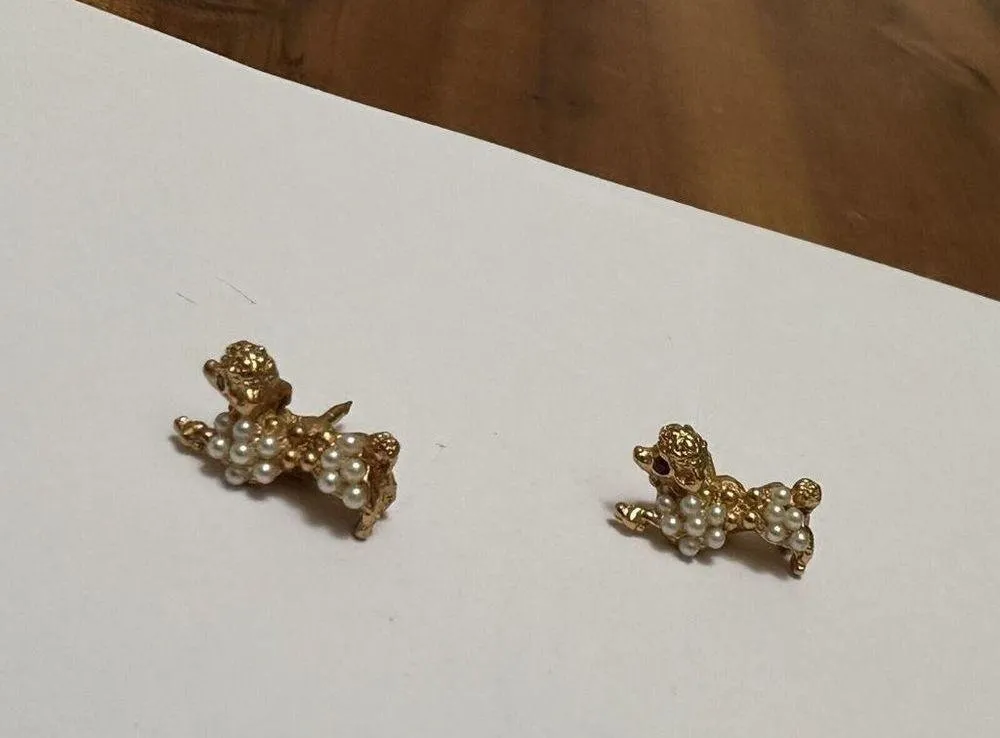 Lot Of 2 Tiny Vintage Poodle Dog Faux Pearl / Rhinestone Gold Tone Tack Pins - Image 3
