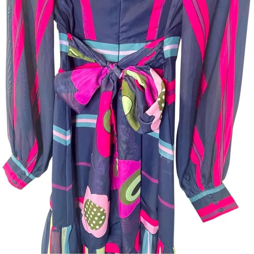 L'ATISTE MULTI COLOR STRIPE ANS FLORAL CHIFFON ROSY MAXI DRESS SIZE: M PINK BLUE - Image 8