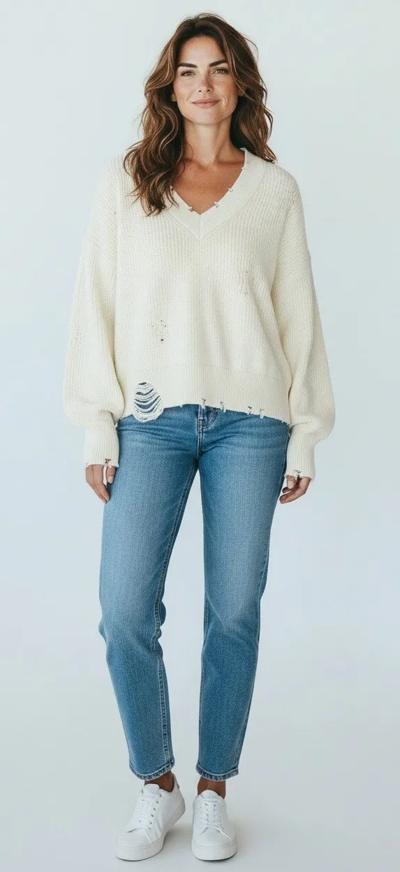 525 America Women's Distressed V Neck Sweater Chalk Cream, Size S, NWT - Image 1