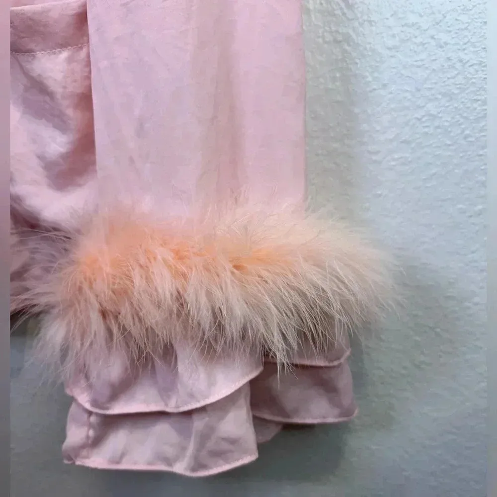 JAYLEY Pink Awilix Day to Night Feather Trim Silk Sleep Trim Long Sleeve Blouse‎ Size undefined - Image 5