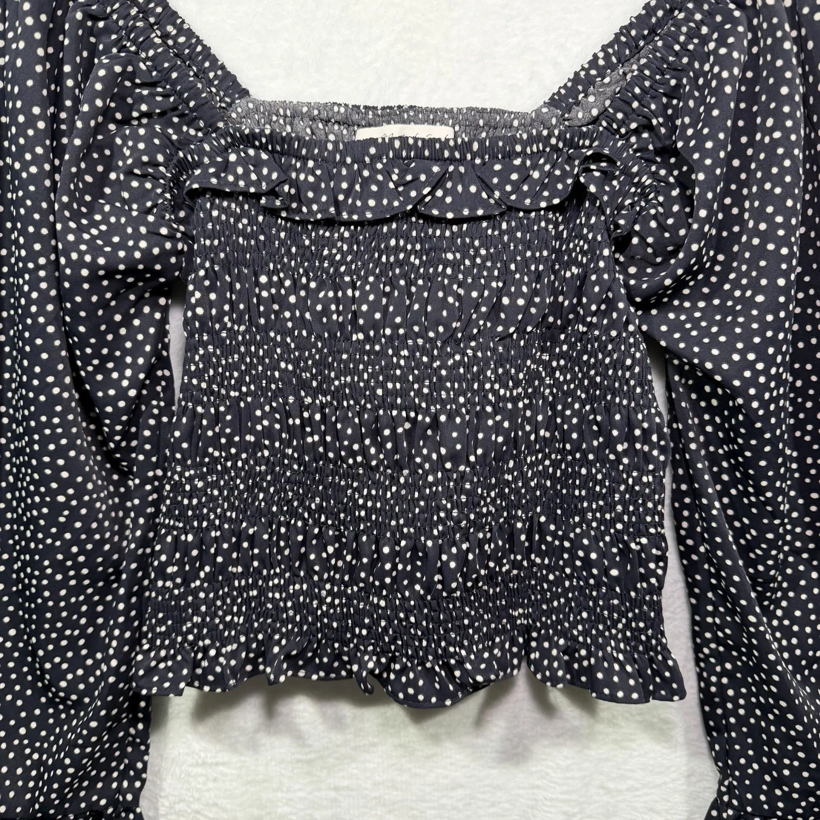 Mustard Seed Balloon Sleeve Cropped Smocked Blouse Polka Dot Black size S - Image 3