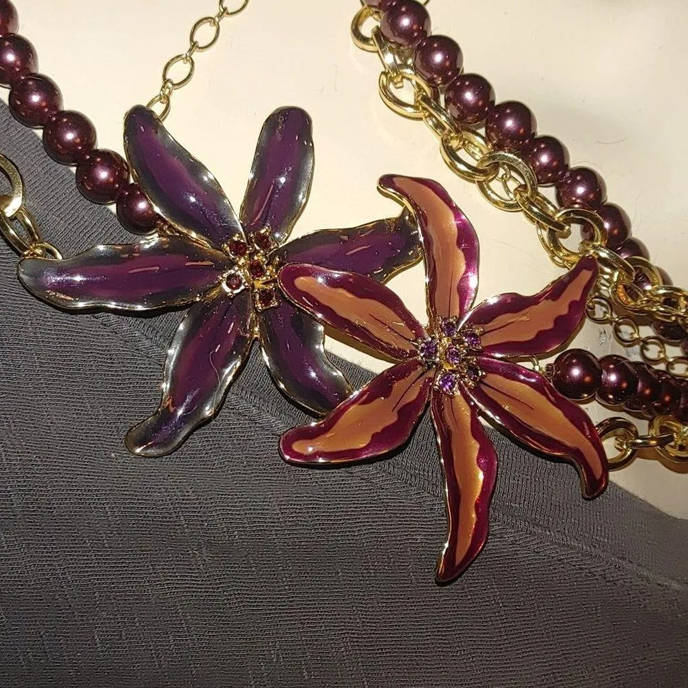 Orchid Necklace Large 3 Strand Vintage Purple Beaded Gold Chain Enamel Flower - Image 11