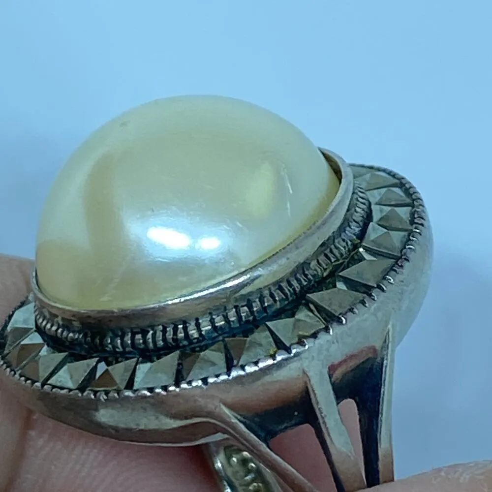 Sterling Silver 925 Faux Pearl Square Marcasite Surround Ring Sz 6 - Image 7