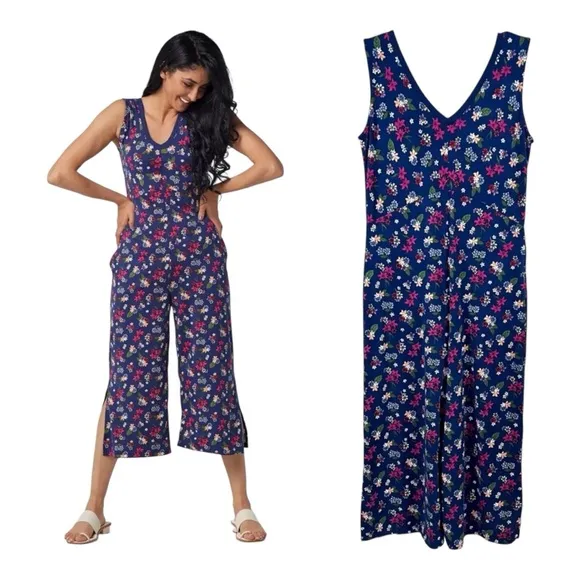 Cuddl Duds Floral Blue Flexwear V-Neck Wide Leg Jumpsuit Romper| Jumpsuit size S - Image 2